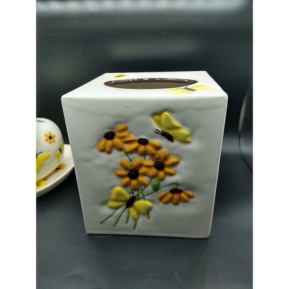 Vintage Ceramic 4 Piece Bathroom Vanity Set Butterfly Daisy Yellow Orange 1980's - Picture 13 of 16